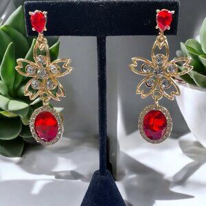 Elegant Gold-Tone Drop Earrings Red Crystals Floral Dangle Wedding Party Glam